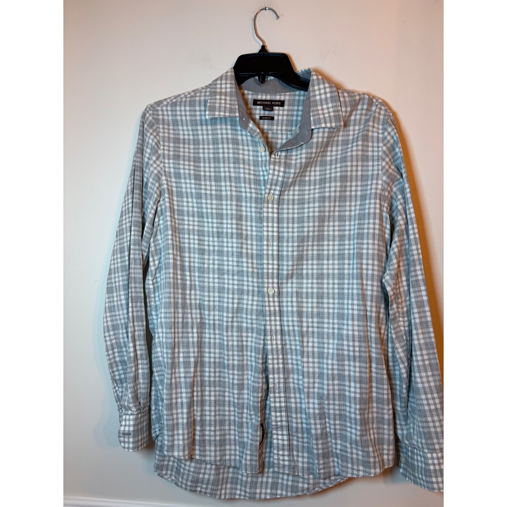Michael Kors Button Down Mens Large Plaid Grey White Classic Fit Cotton Shirt